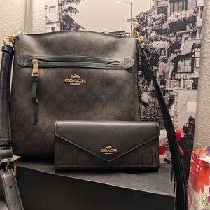 Coach Brown Signature Crossbody Shoulder Bag with Matching Wallet